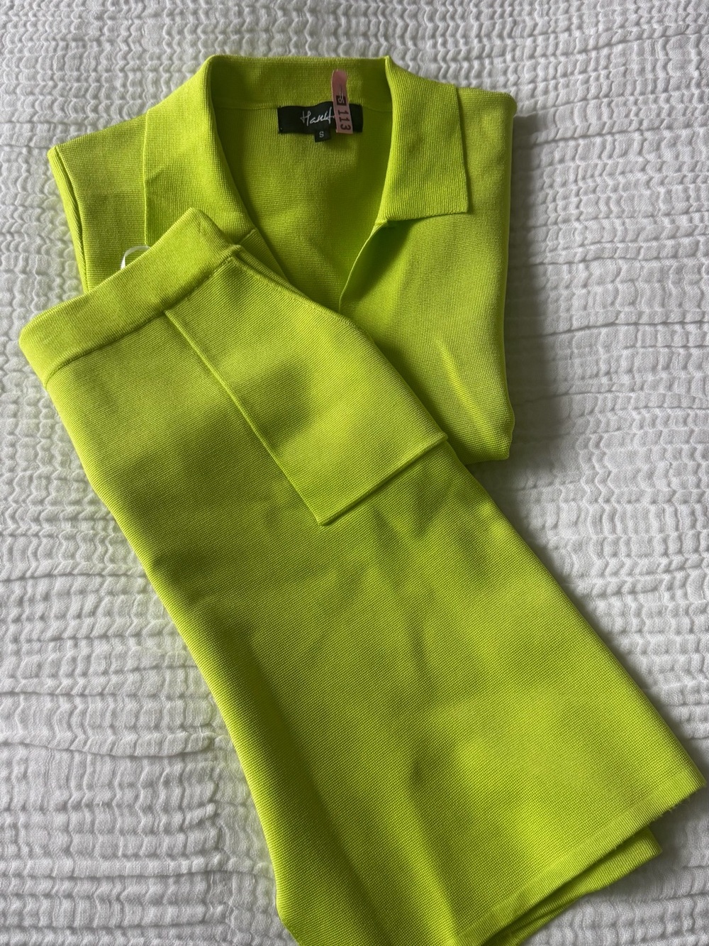 HANIFA: Lime Green Knit Two Piece Skirt Set | Collared Top & Mini Skirt | Size S